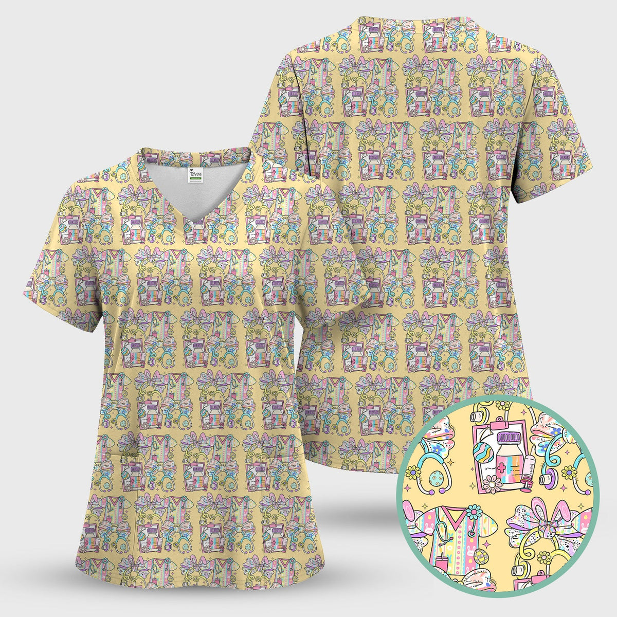 Colorful Nurse Scrub Supplies Pattern Scrub Top, Breathable Fabrics Nursing Uniform