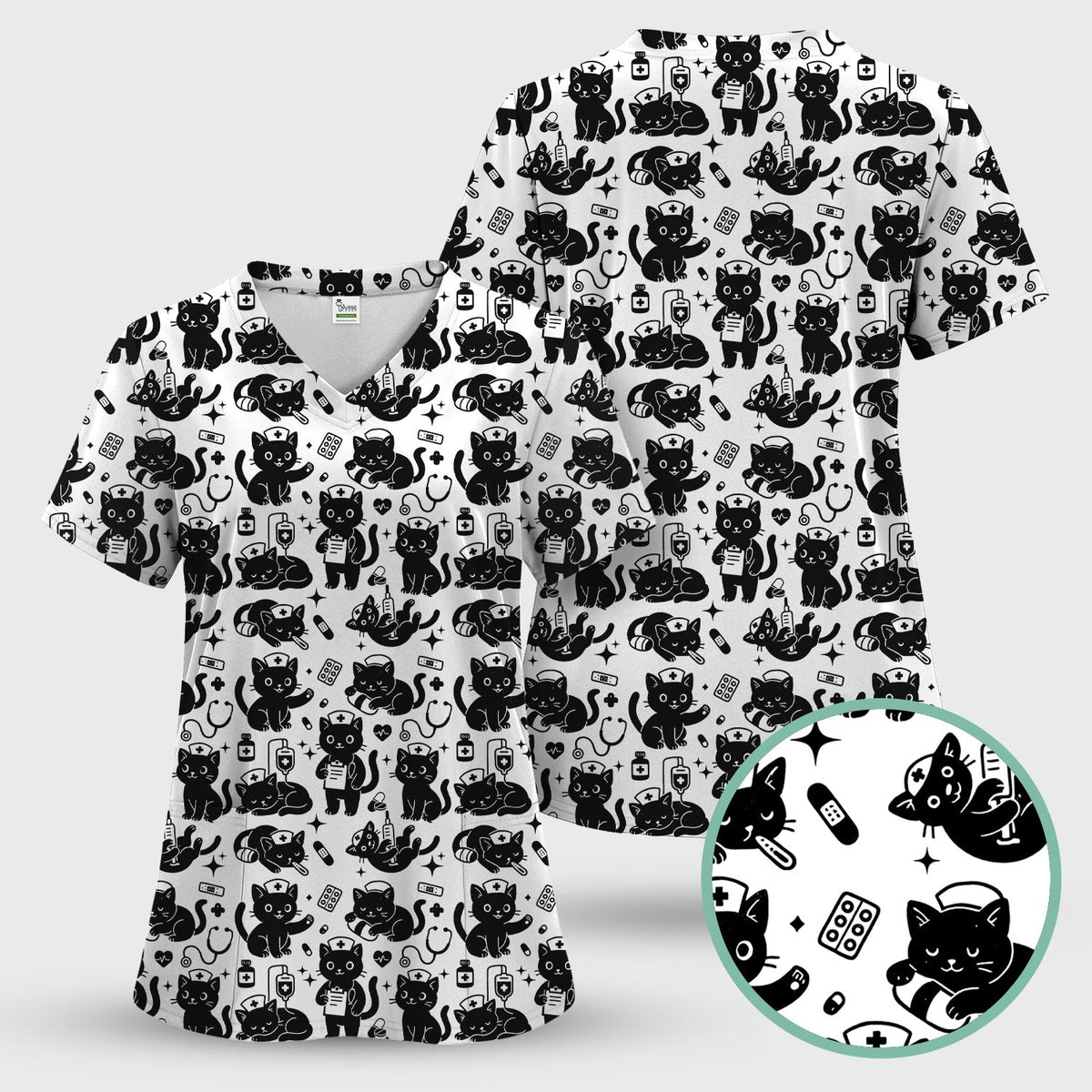 Cute White Black Cat Nurse Scrub Set