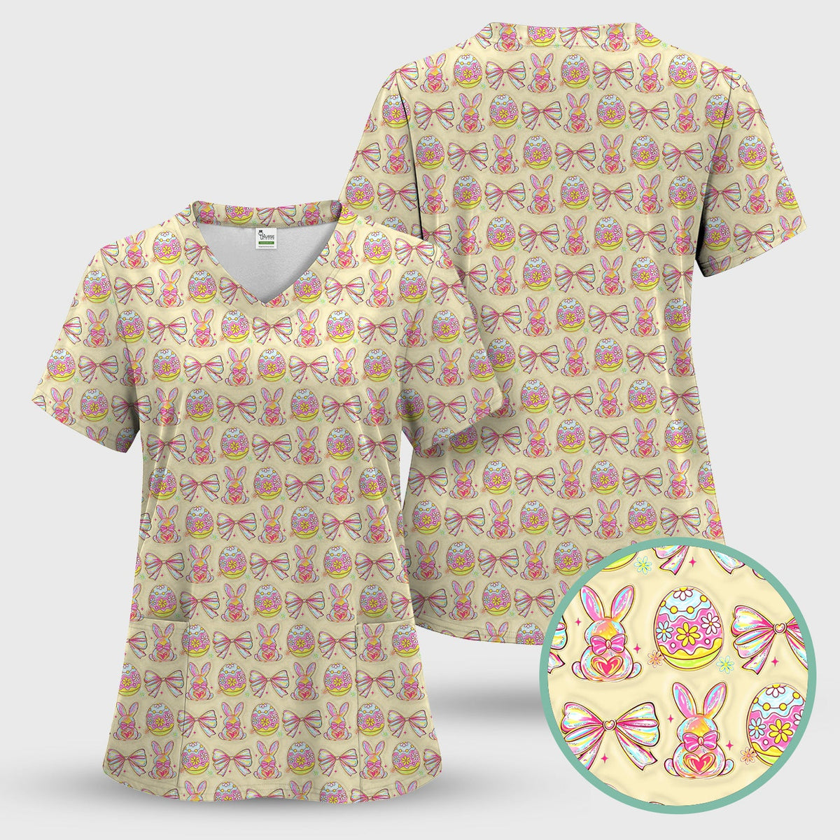 Bunny Pastel Egg Bow Nurse Scrub Top - Easter Gift