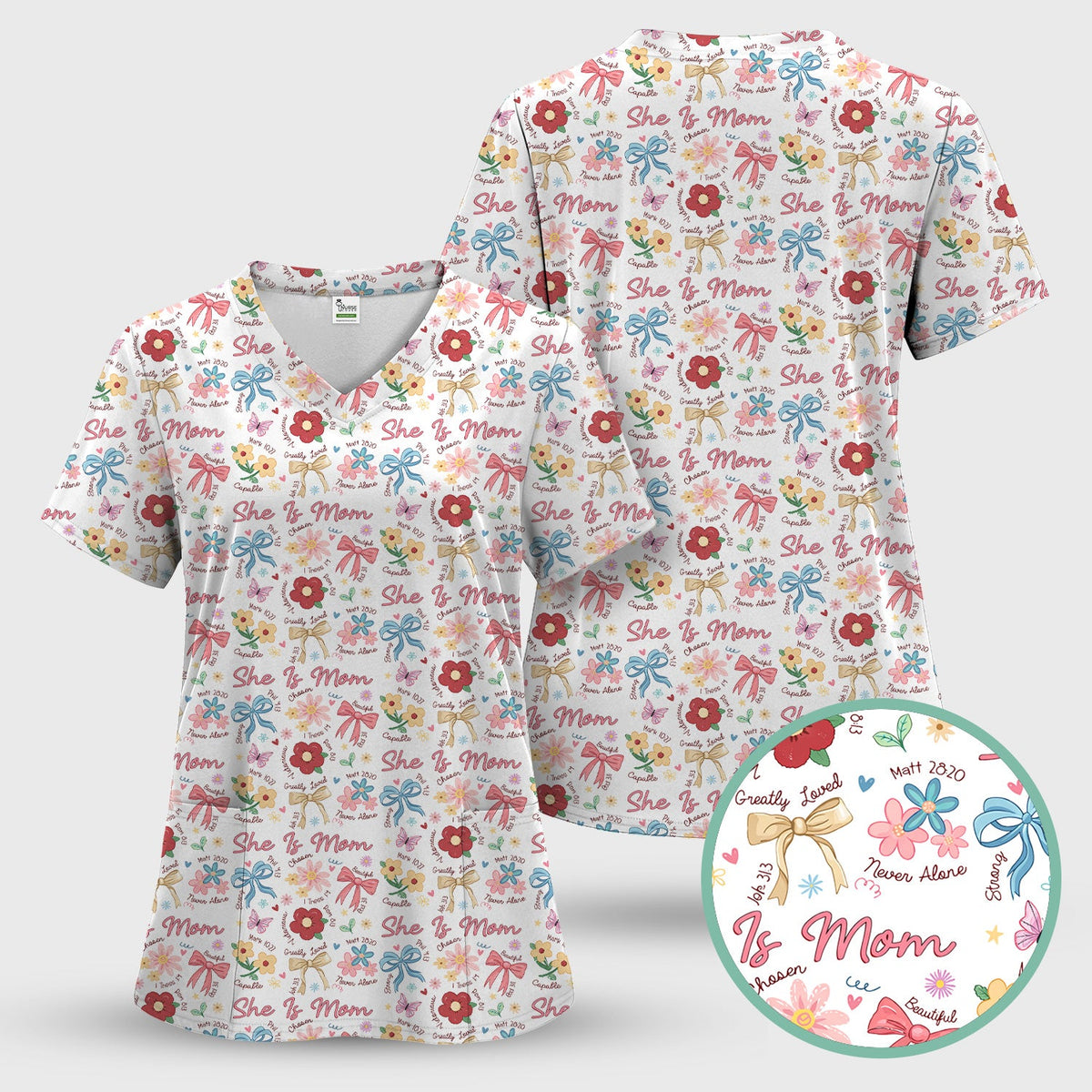 She Is Mom Flower Bow Nurse Scrub Set