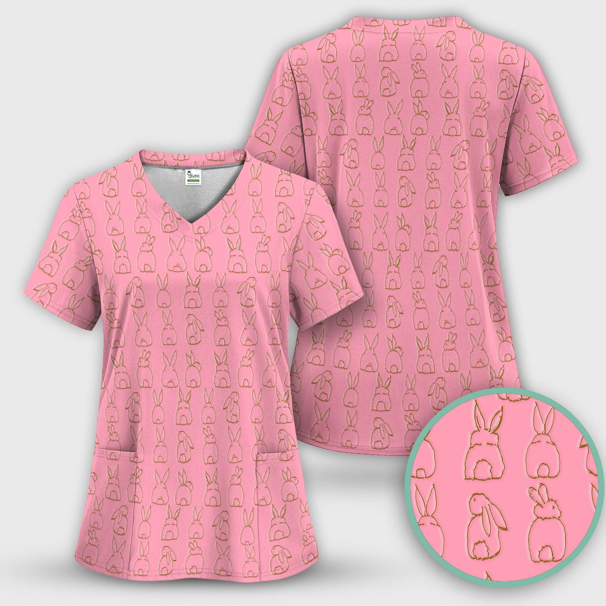 Cartoon Bunny Line Art Nurse Scrub Top - Easter Gift