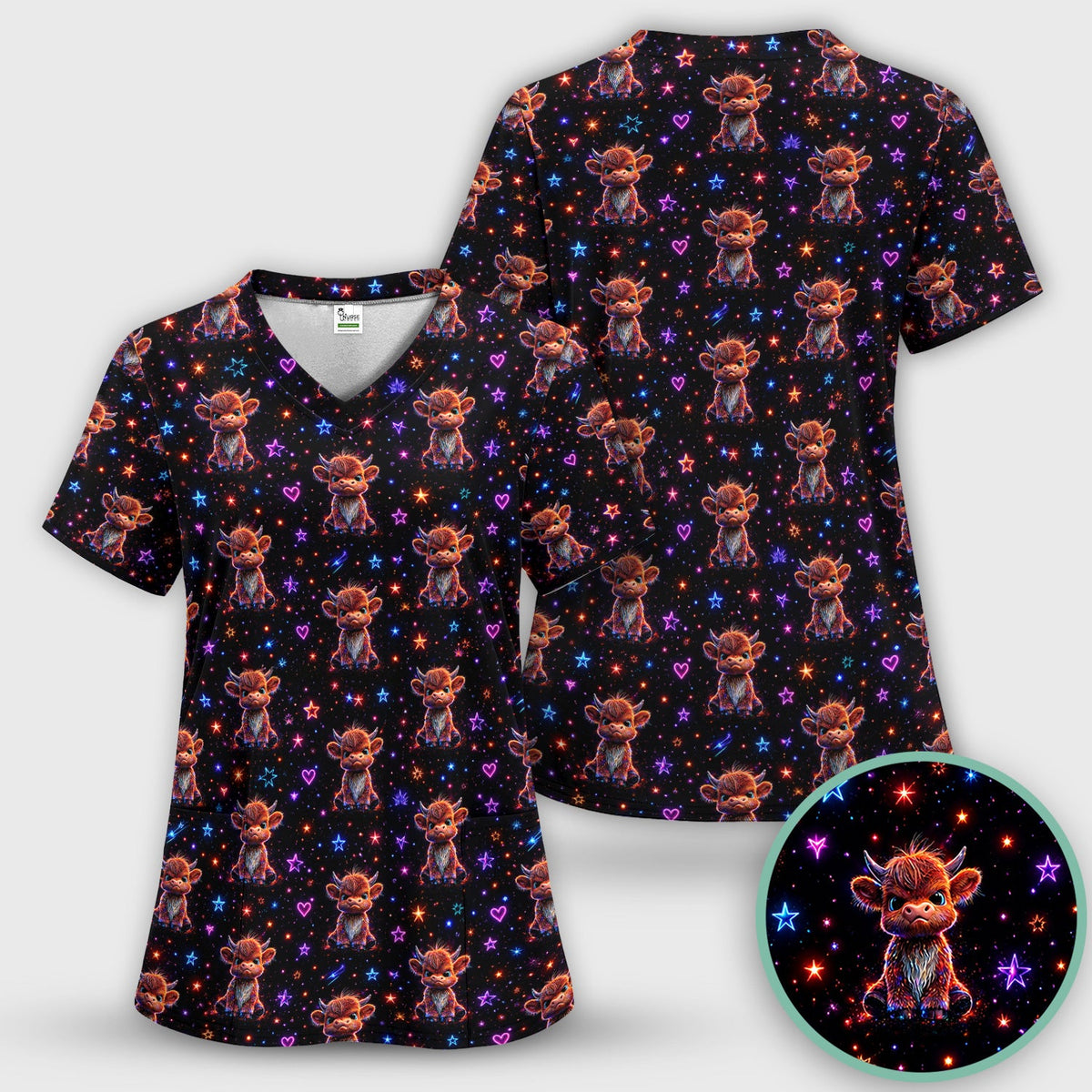 Neon Highland Cow Stars Nurse Scrub Top