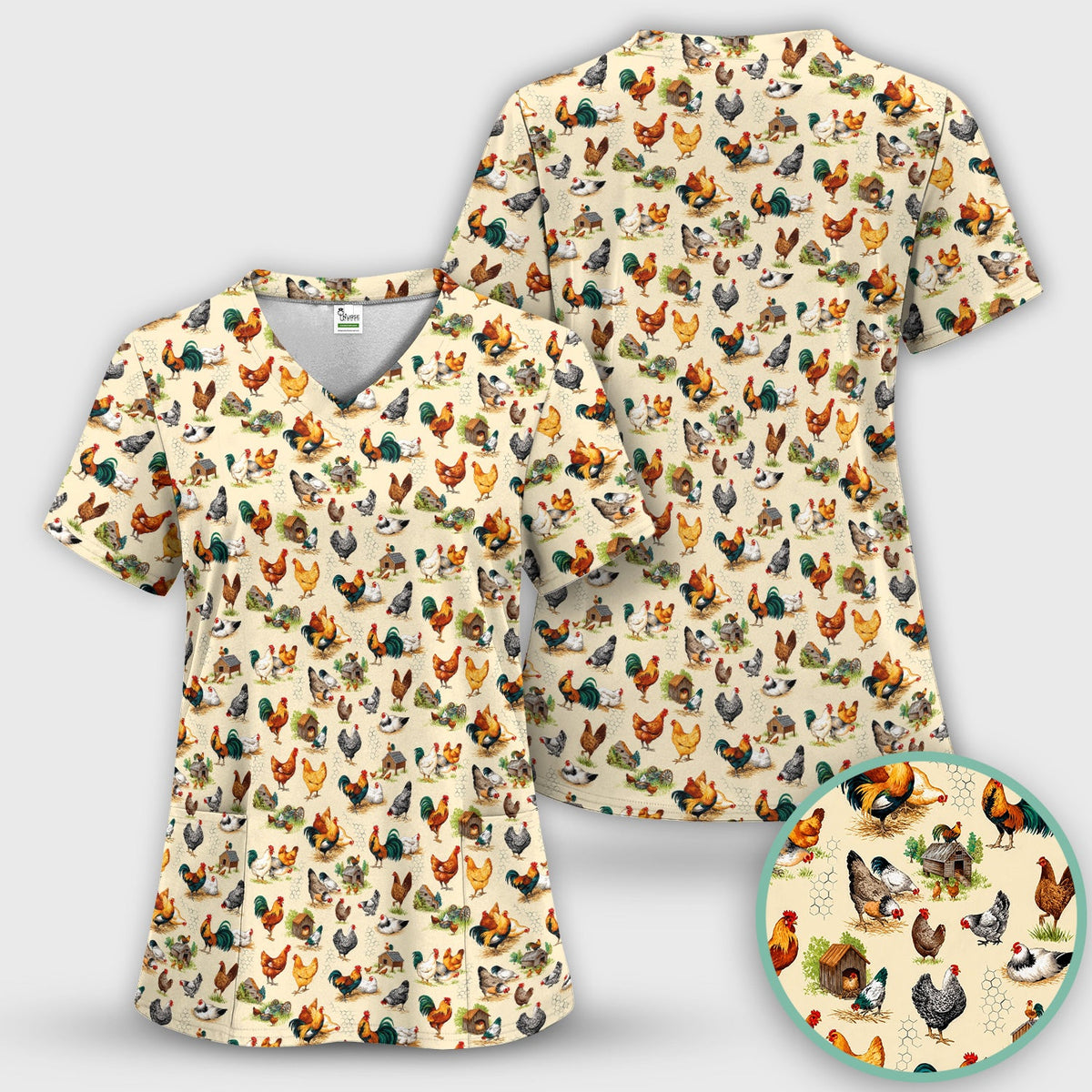 Farm Chicken Rooster Coop Pattern Scrub Top, Comfortable Scrubs for Nurses