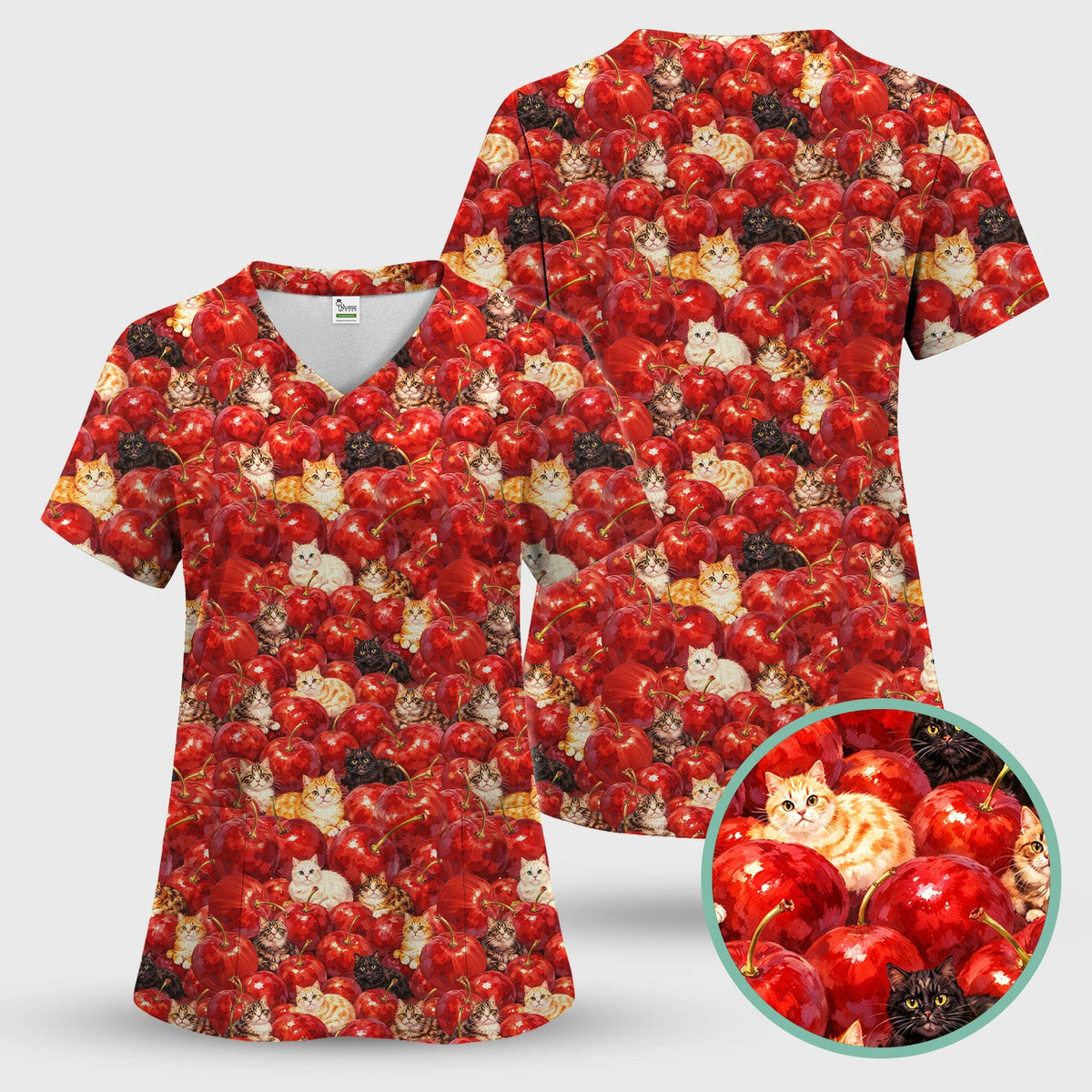 Cat Cherry Nurse Scrub Top