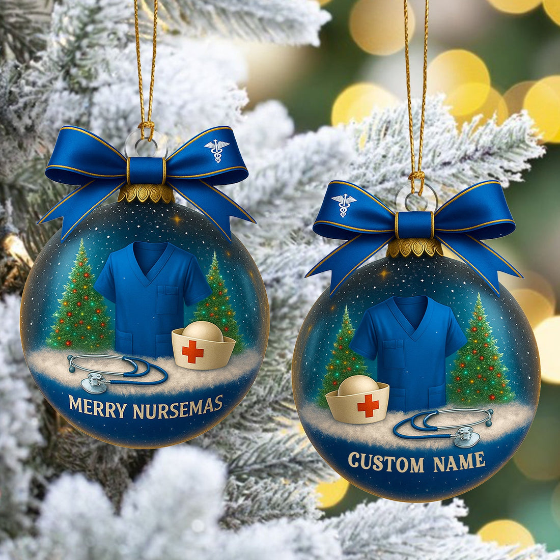 Personalized Blue Scrub Bow Christmas Nurse Ornament