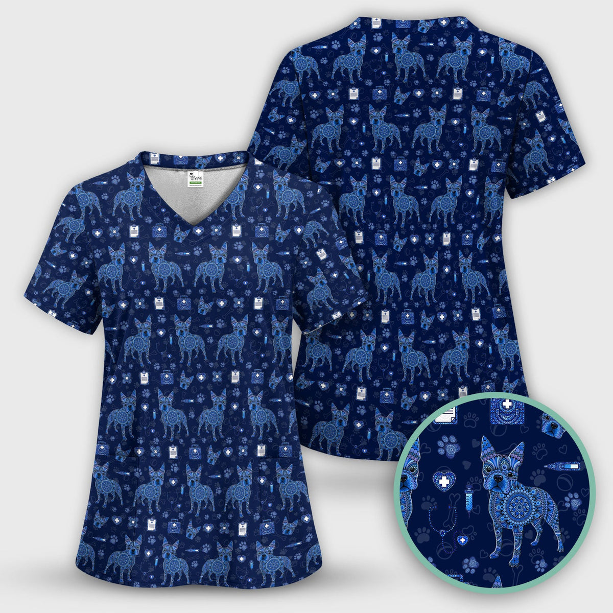 Blue Heeler Australian Cattle Dog Scrub Top, Australia Dot Art Pattern Shirt, Breathable Fabrics Nursing Uniform