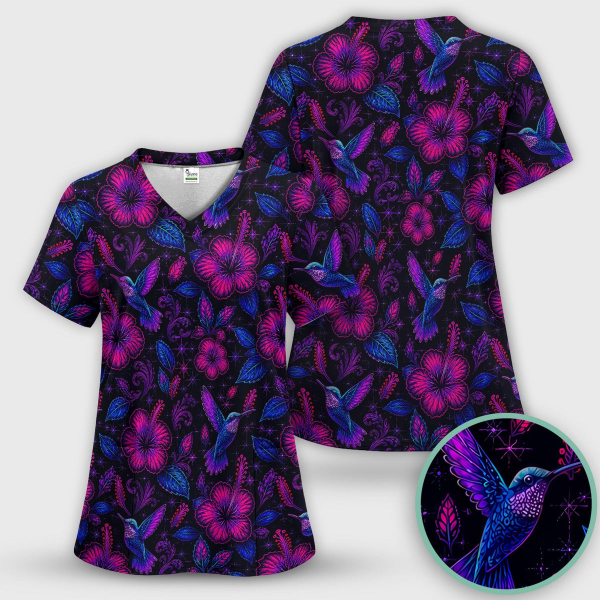 Tropical Hummingbird Hibiscus Floral Nurse Scrub Set