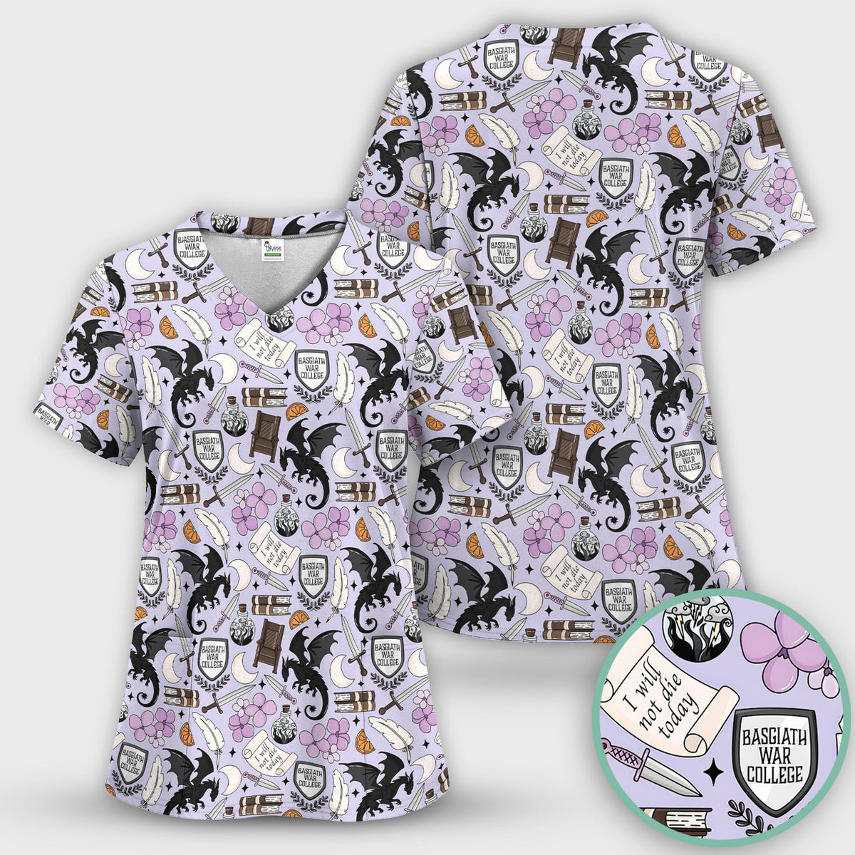 Spooky Gothic Fantasy Dragon Pattern Scrub Set, Scrub Pants and V Neck Top
