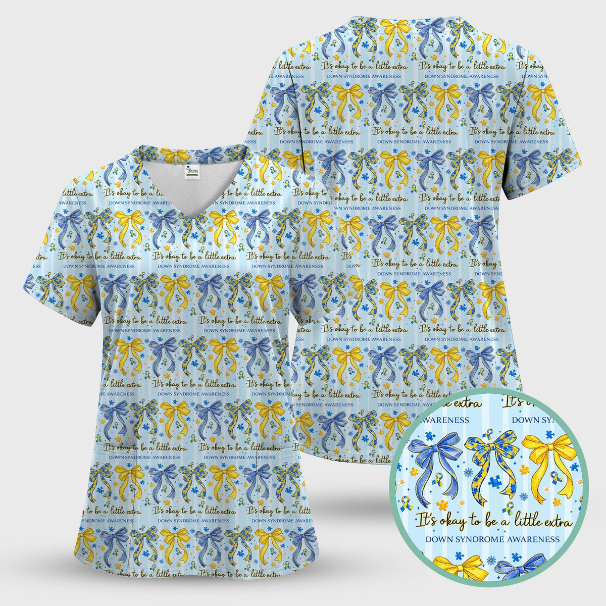 Down Syndrome Awareness Ribbon Pattern Scrub Top Comfortable Nurse Workwear Top
