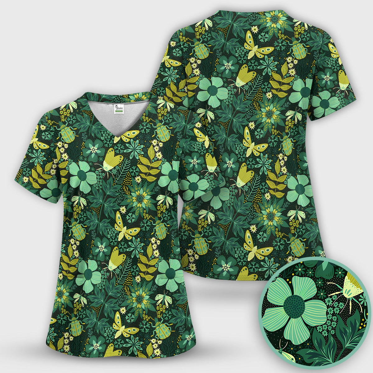 Green Botanical Butterfly Nurse Scrub Set