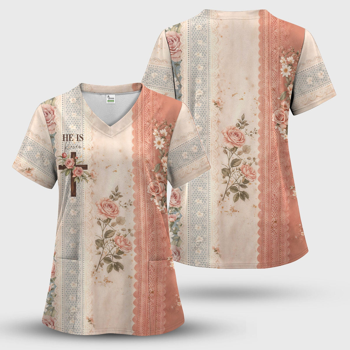 Christian Cross Rose He Is Risen Nurse Scrub Set