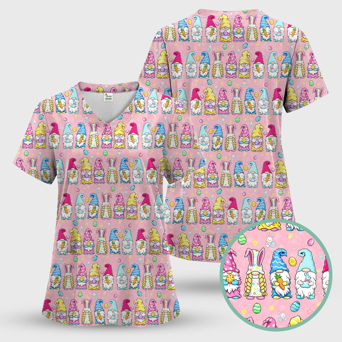 Colorful Easter Gnome Bunny Eggs Nurse Scrub Set