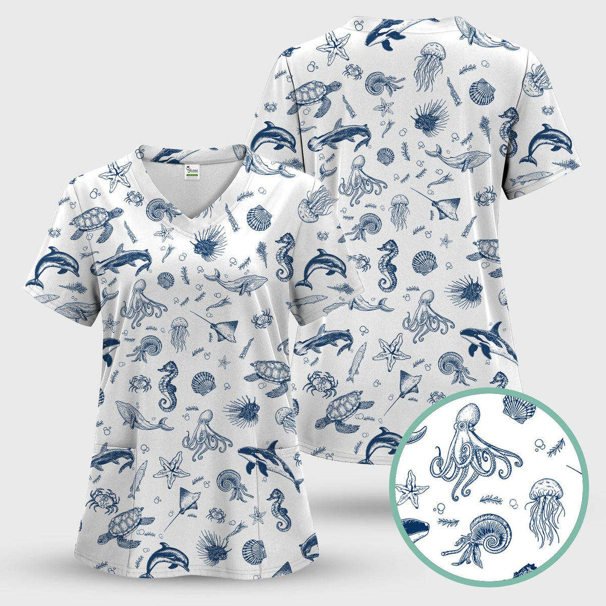 Marine Sea Life Nurse Scrub Top