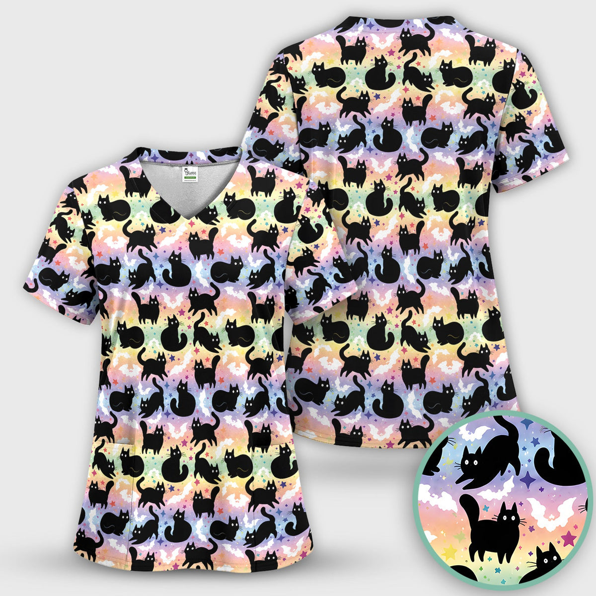 Pastel Star Black Cat Nurse Scrub Top