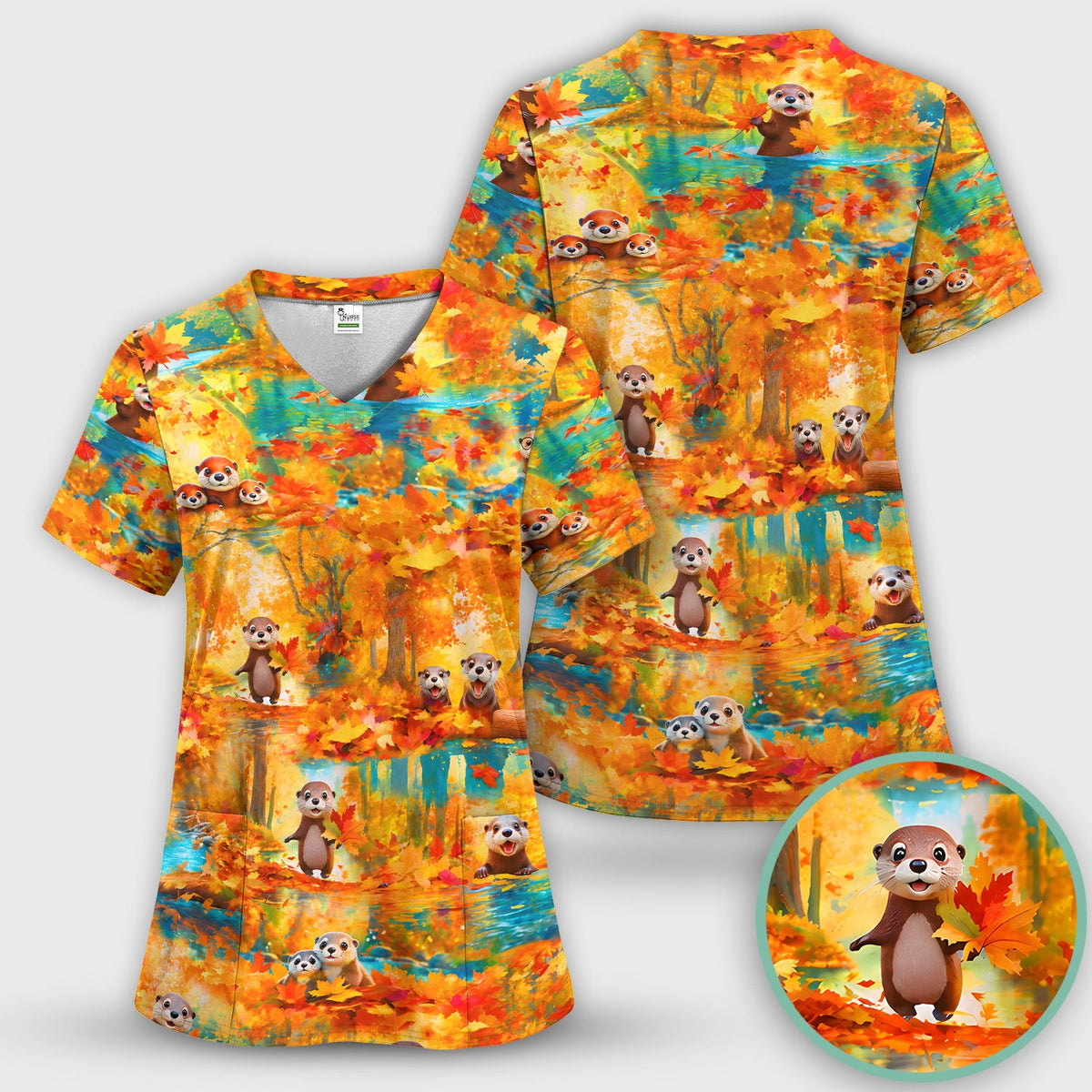Cute Autumn Otter Leaf Forest Nurse Scrub Top