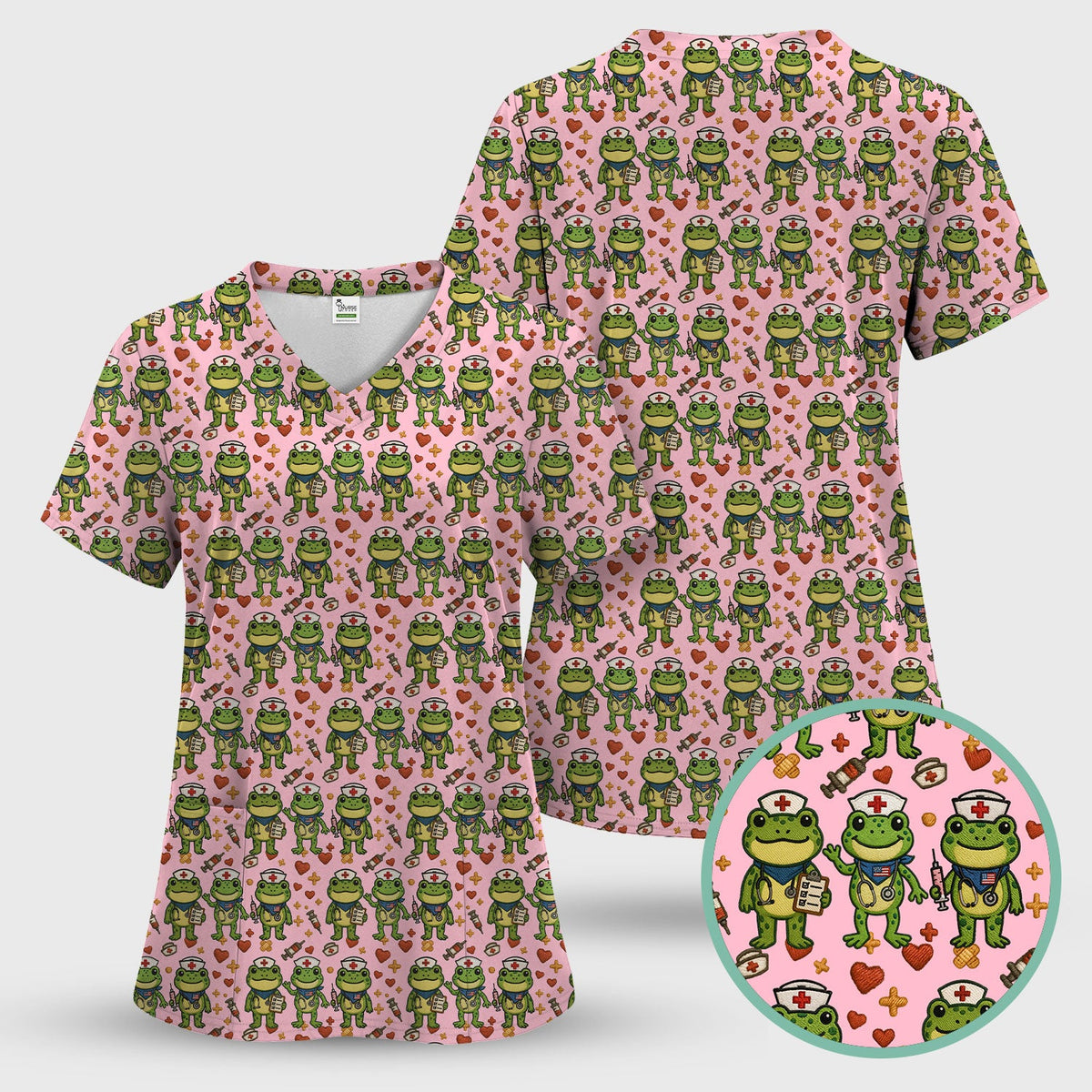 Frog Pattern Scrub Top, Cute Frog Scrub Shirt, Breathable Fabrics Nursing Uniform