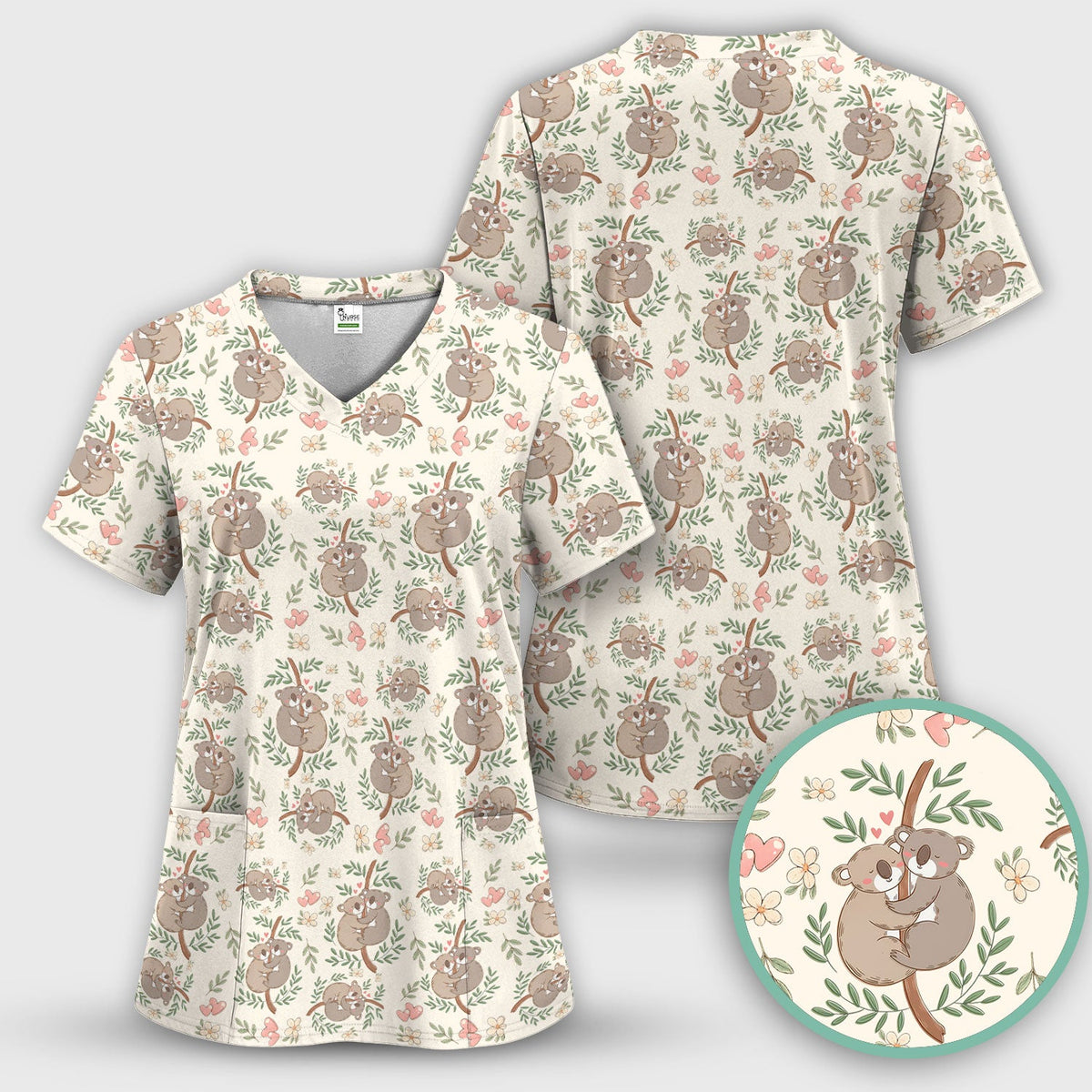 Koala Couple Floral Nurse Scrub Set