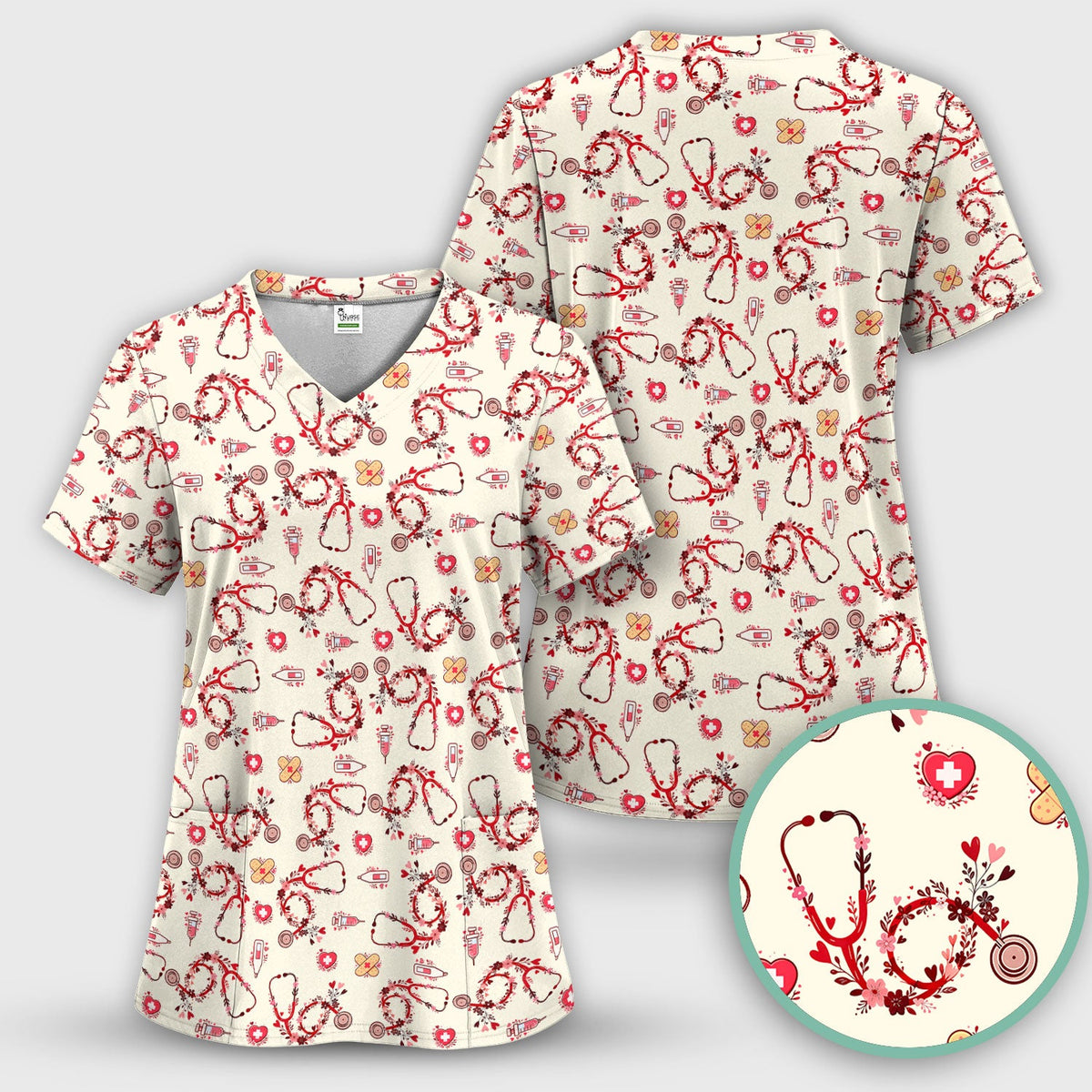 Heart Stethoscope Nurse Scrub Set