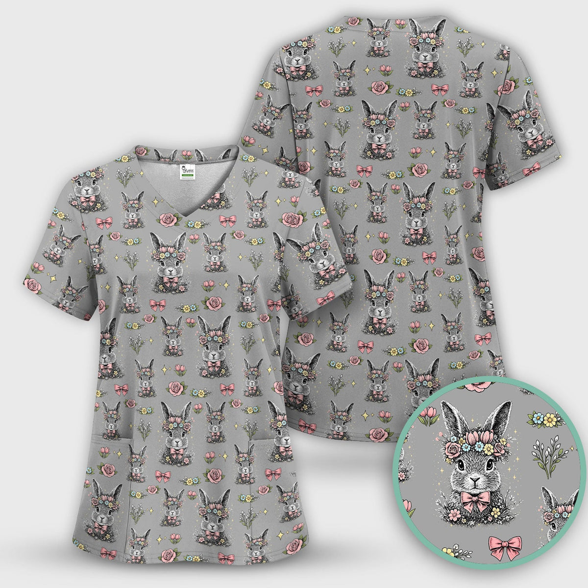 Vintage Floral Bunny Nurse Scrub Set