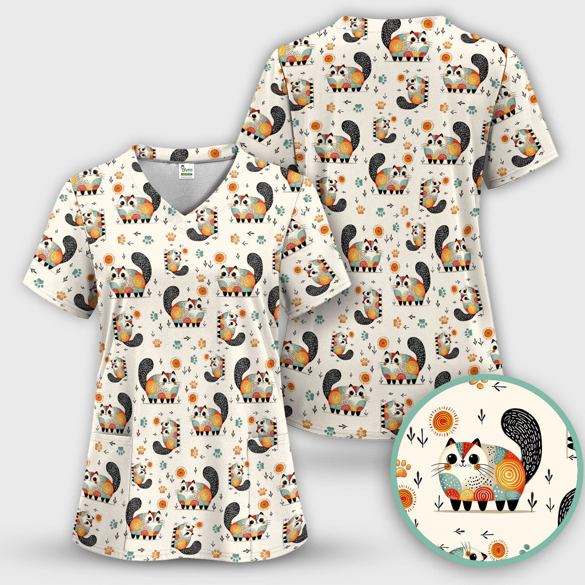 Cat Illustration Nurse Scrub Set