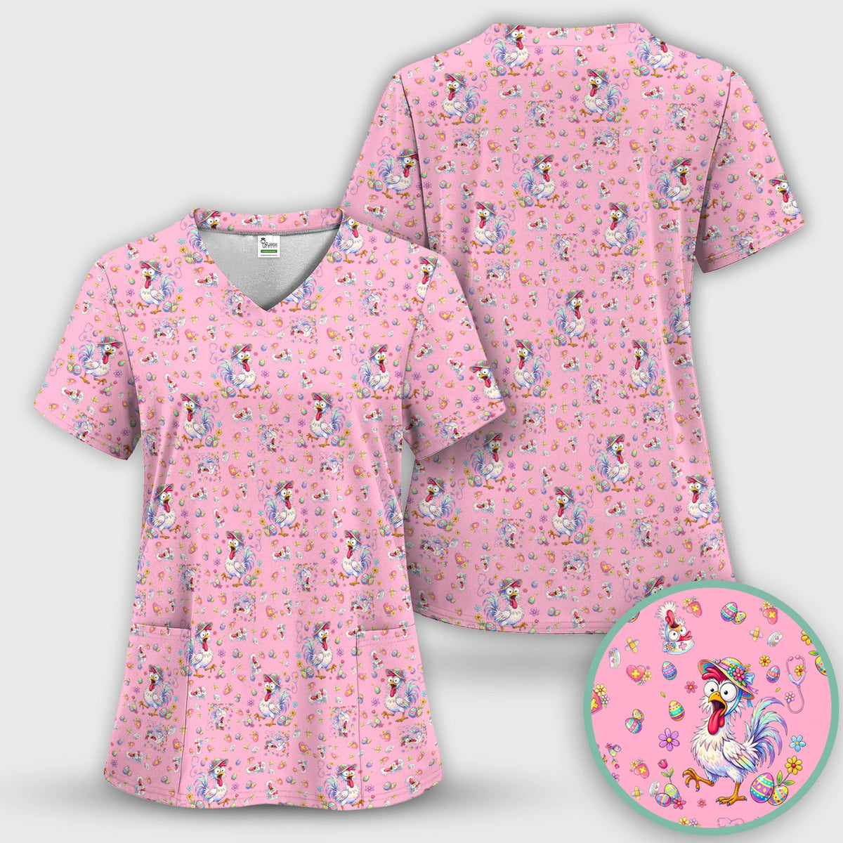 Funny Easter Nurse Chicken Pattern Scrub Top, Comfortable Scrubs for Nurses