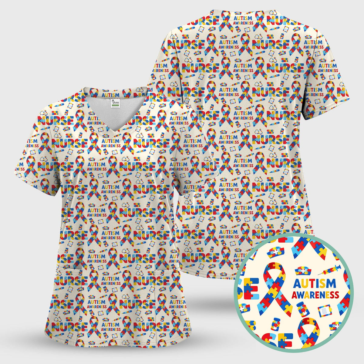 Autism Awareness Puzzle Ribbon Nurse Scrub Set