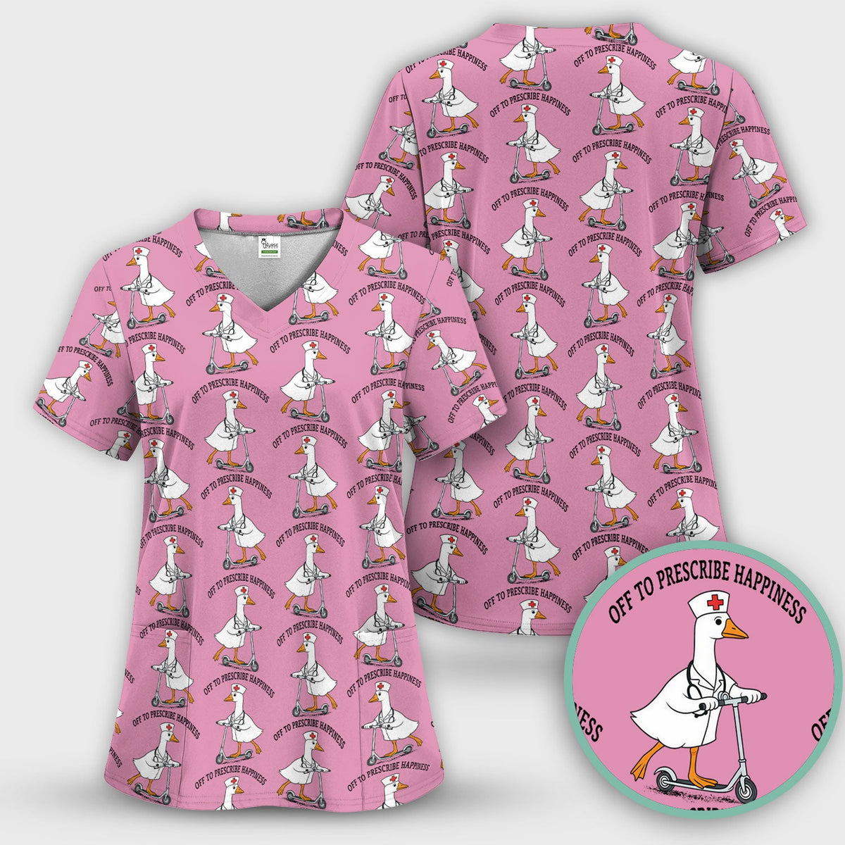 Nurse Goose Scooter Print Scrub Top, Breathable Fabrics Nursing Uniform
