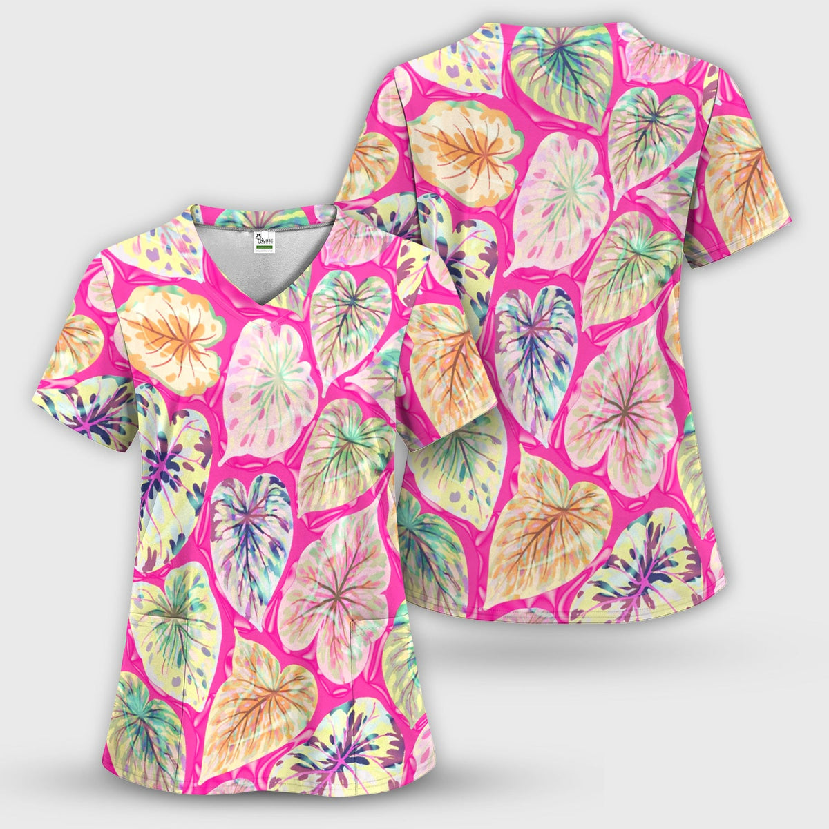 Tropical Colorful Leaf Nurse Scrub Top