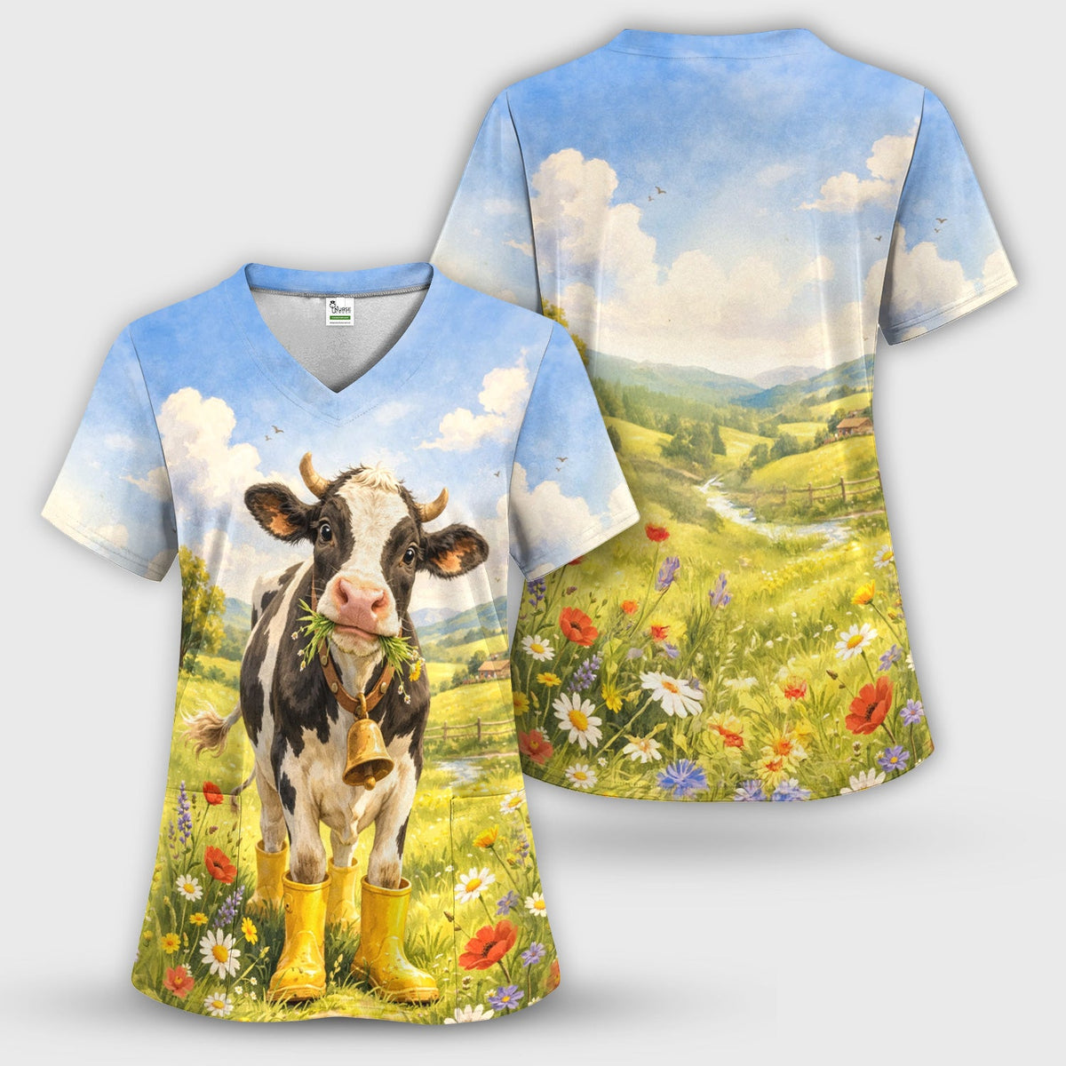 Cow Wearing Boots Nurse Scrub Set