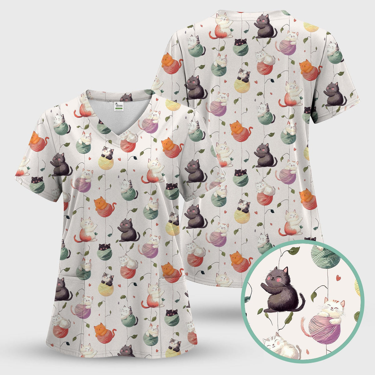 Cute Cats Playing Yarn Balls Pattern Print Scrub Top, Comfortable Scrubs for Nurses