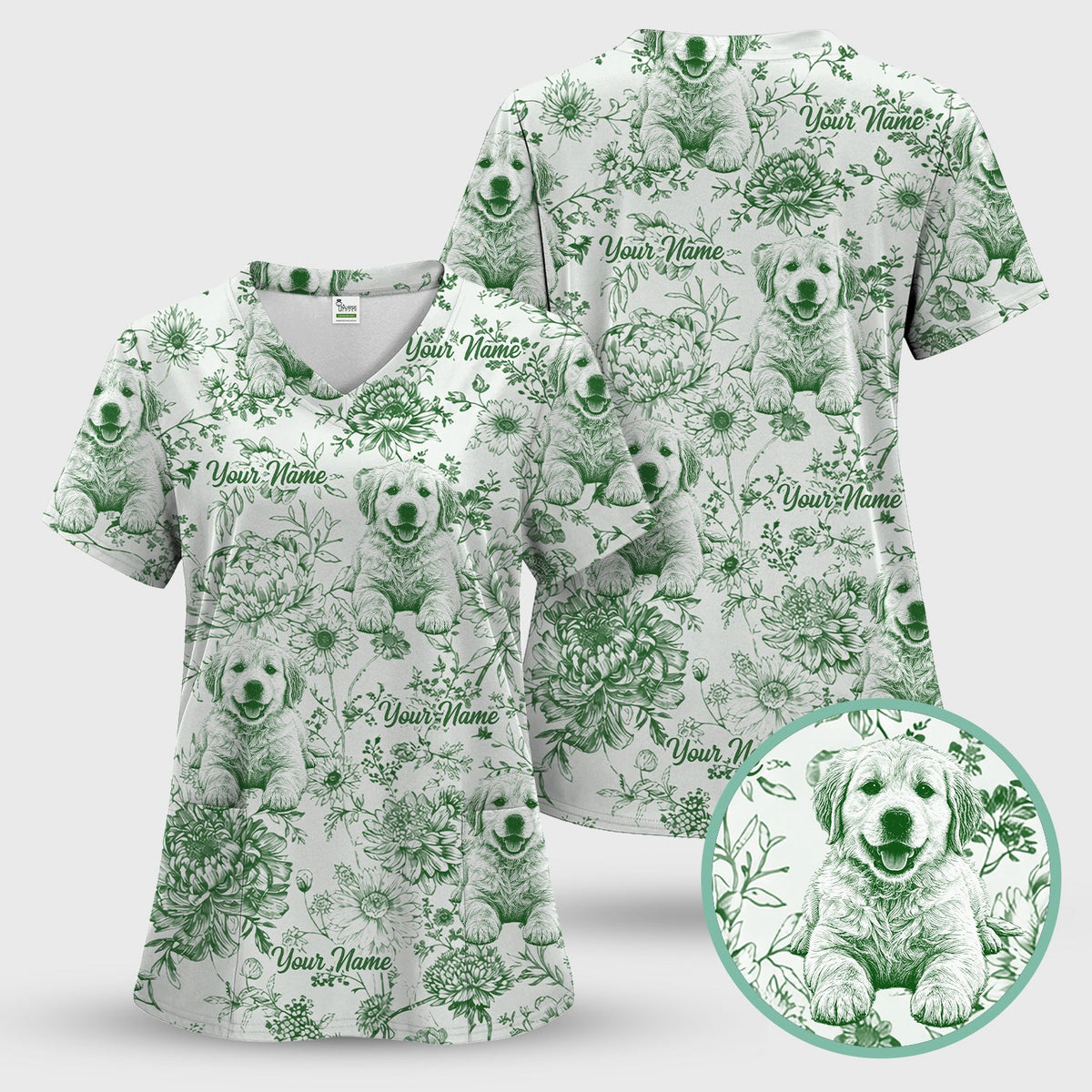 Personalized Pet Photo Floral Nurse Scrub Top