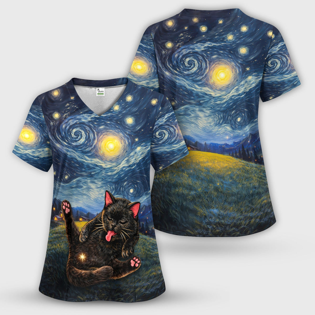Black Cat Cosmic Night Sky Nurse Scrub Set