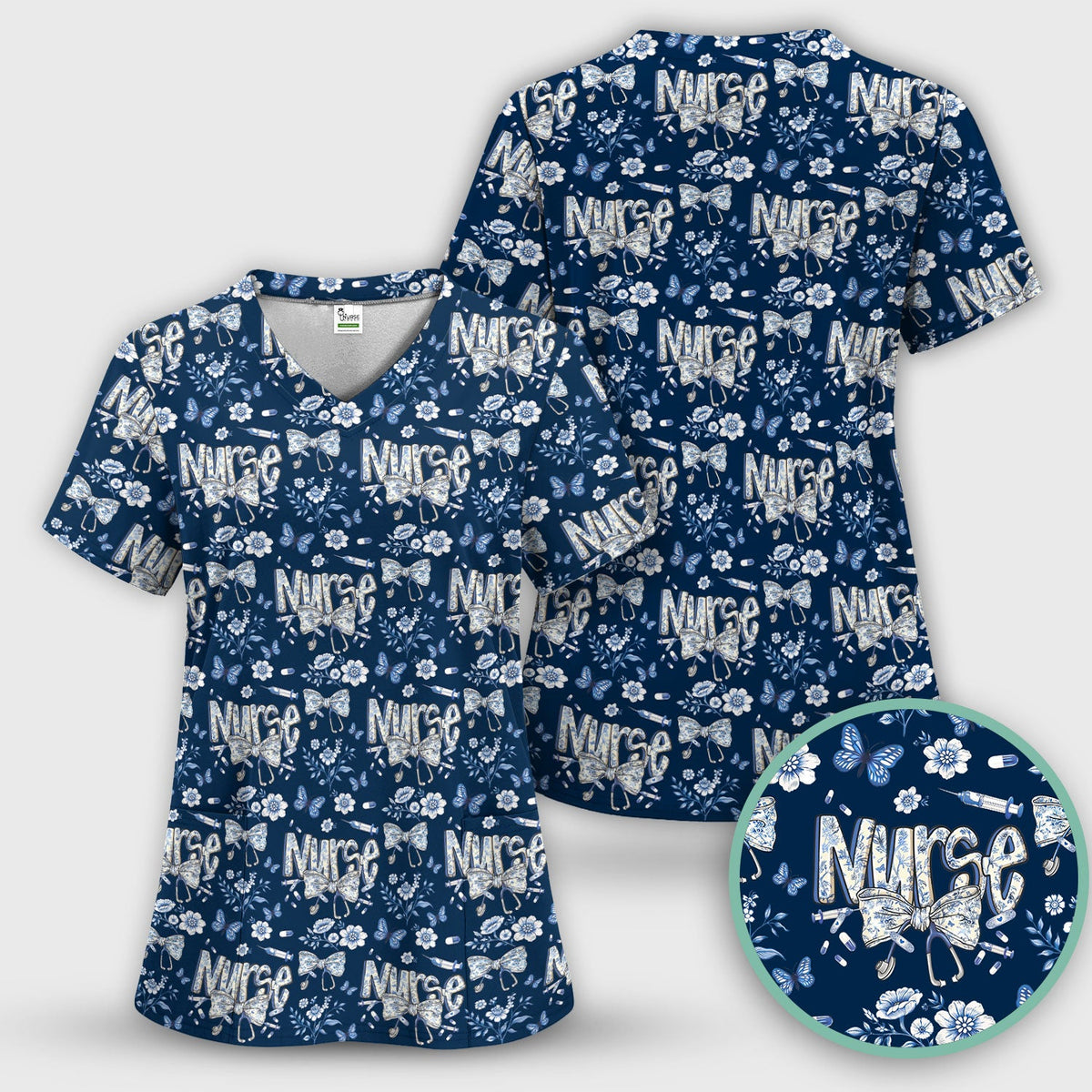 Blue Nurse Bow Butterfly Floral Scrub Set