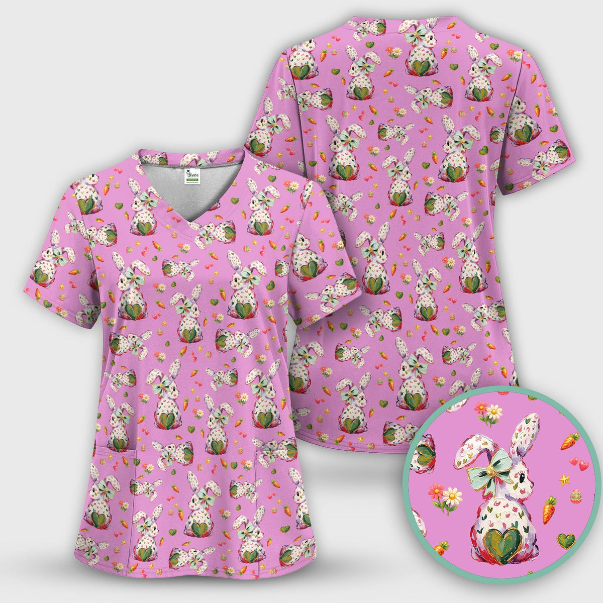 Pastel Bunny Easter Nurse Scrub Top