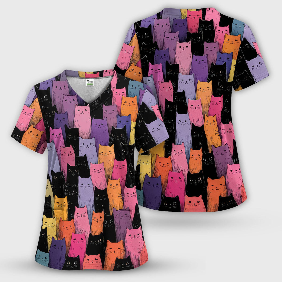 Colorful Cat Art Nurse Scrub Top