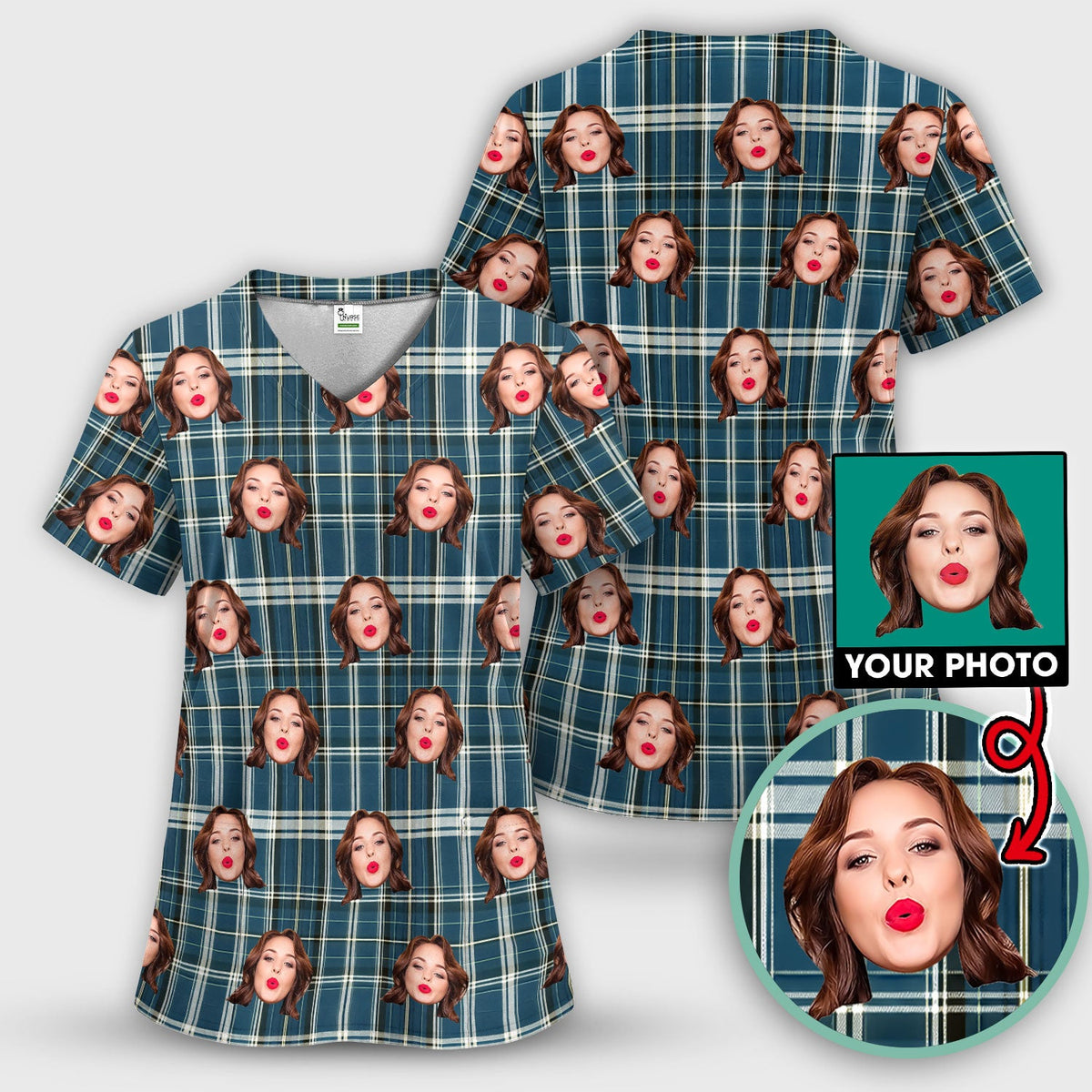 Personalized Photo Plaid Nurse Scrub Set