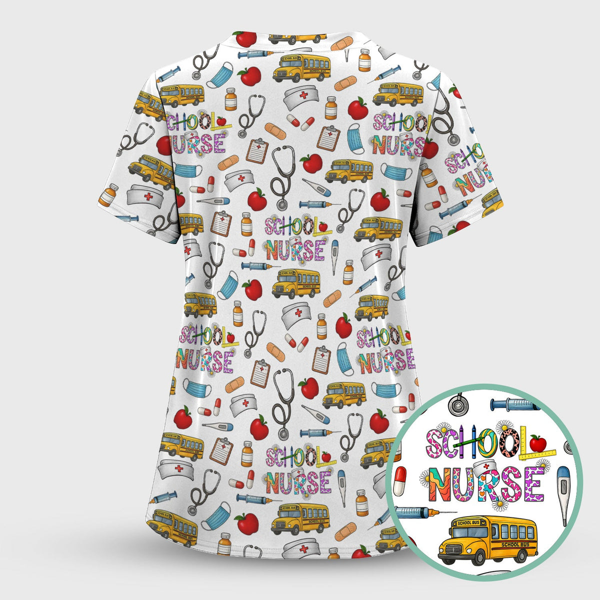 School Bus Stethoscope Nurse Scrub Top