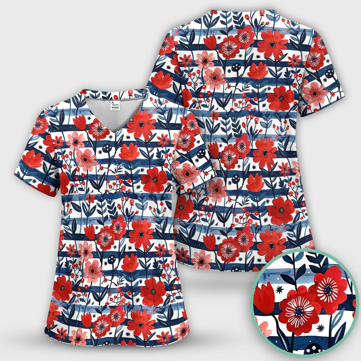 Red Poppy Navy Stripe Nurse Scrub Set