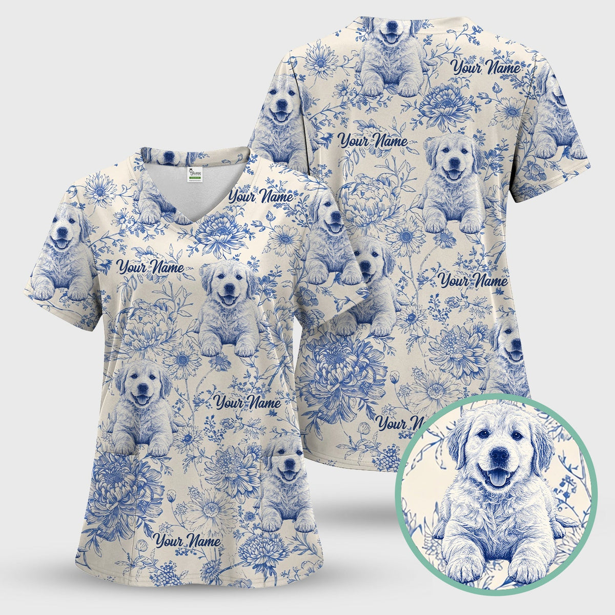 Personalized Pet Photo Floral Nurse Scrub Top