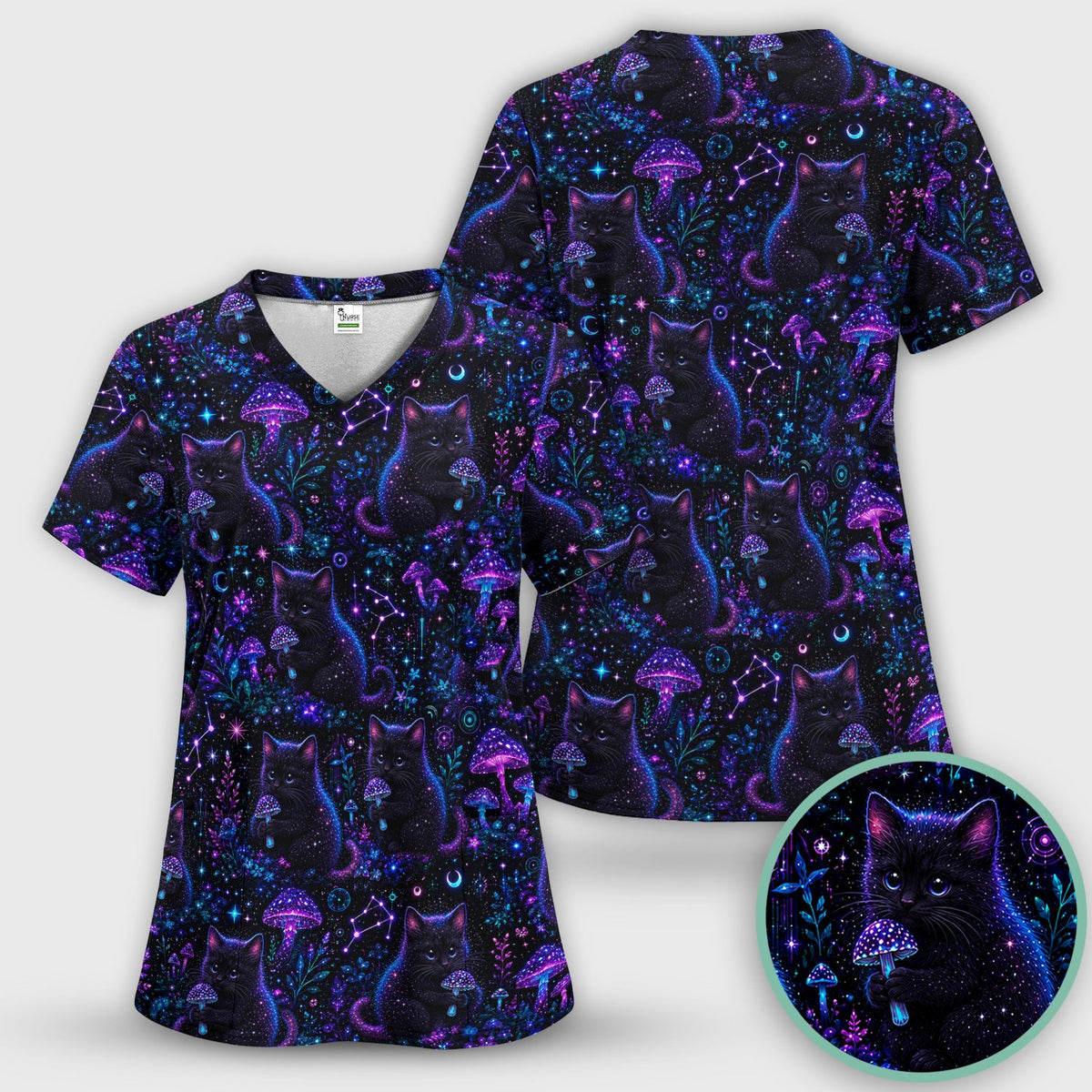 Neon Black Cat Mushroom Galaxy Nurse Scrub Set