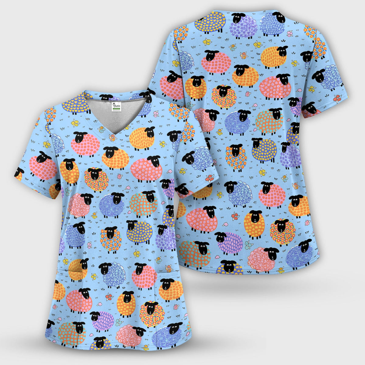 Funny Colorful Sheep Pattern Scrub Top, Comfortable Scrubs for Nurses