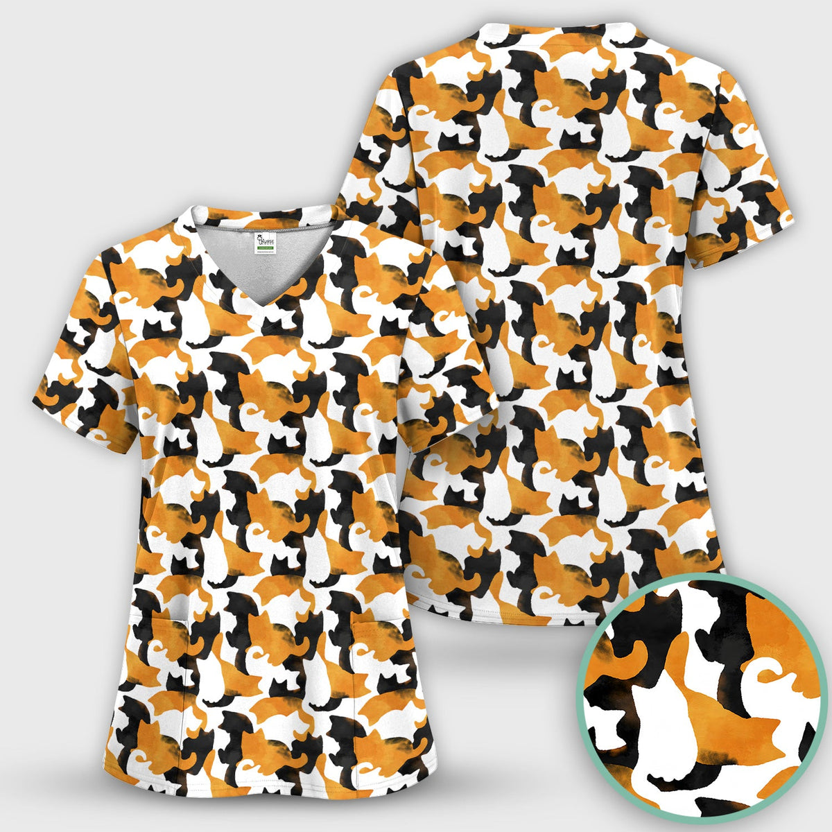 Calico Cat Silhouette Nurse Scrub Top