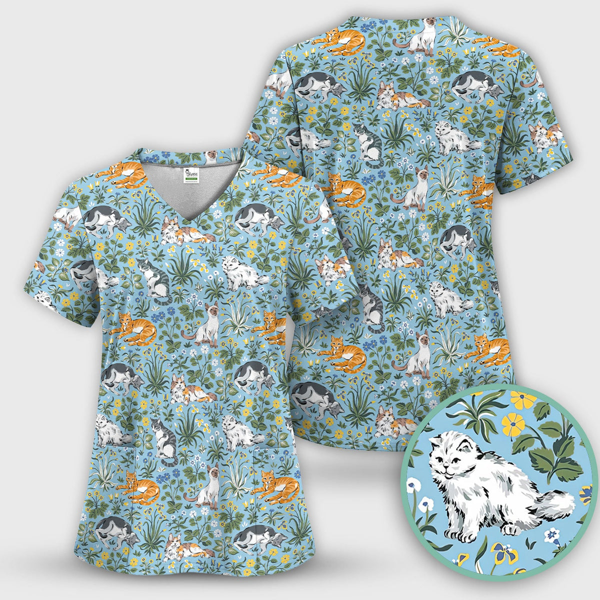 Floral Cat Garden Nurse Scrub Top