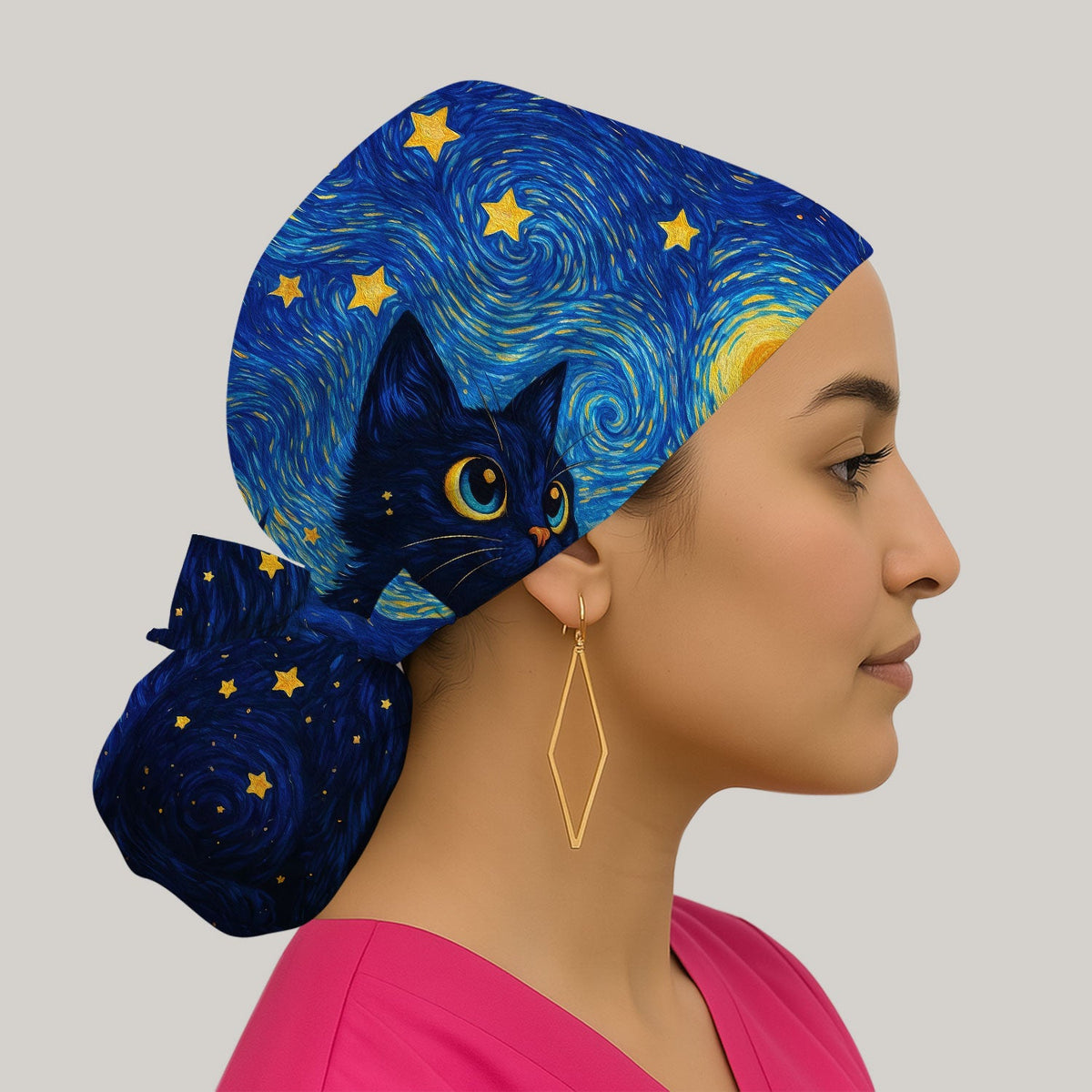 Black Cat Starry Night Scrub Cap
