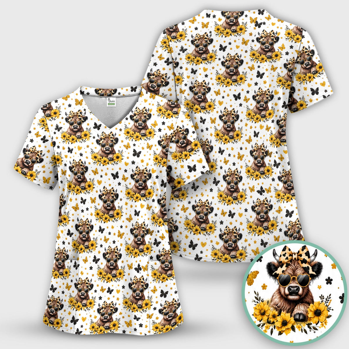 Sassy Highland Cow Sunflower Nurse Scrub Set