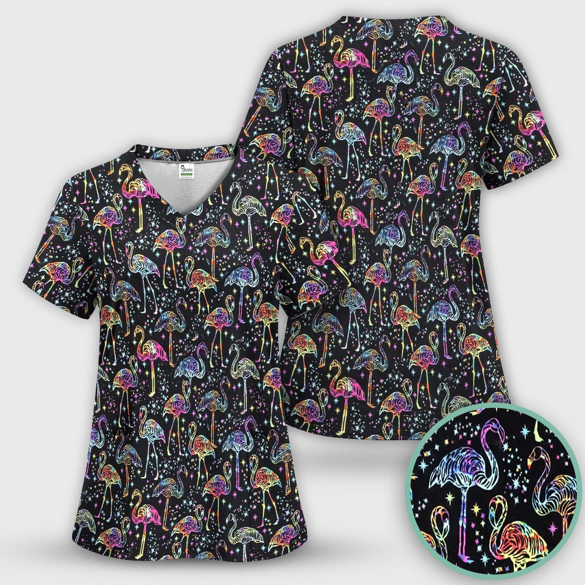Neon Flamingo Starry Night Nurse Scrub Top