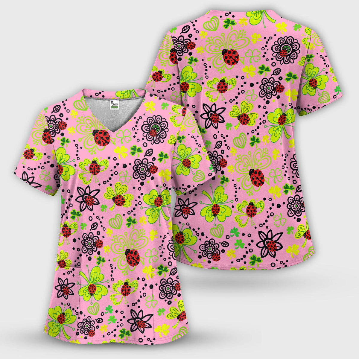 Ladybug Clover Floral Pattern Print Scrub Sets, Scrub Pants and V Neck Top