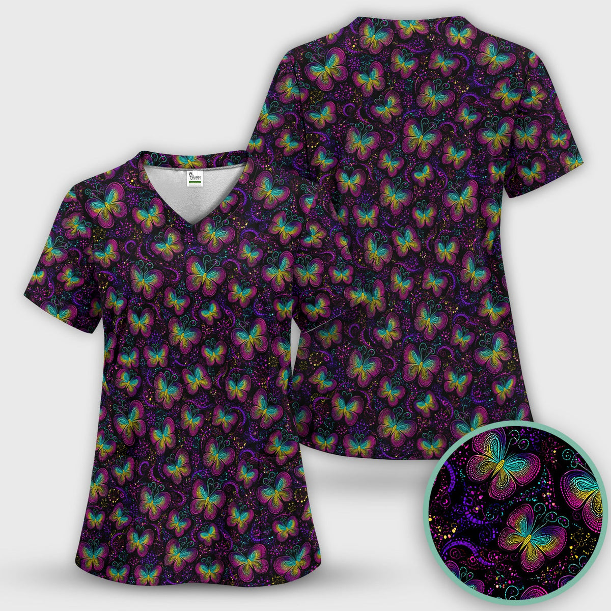 Neon Butterfly Swirl Nurse Scrub Set