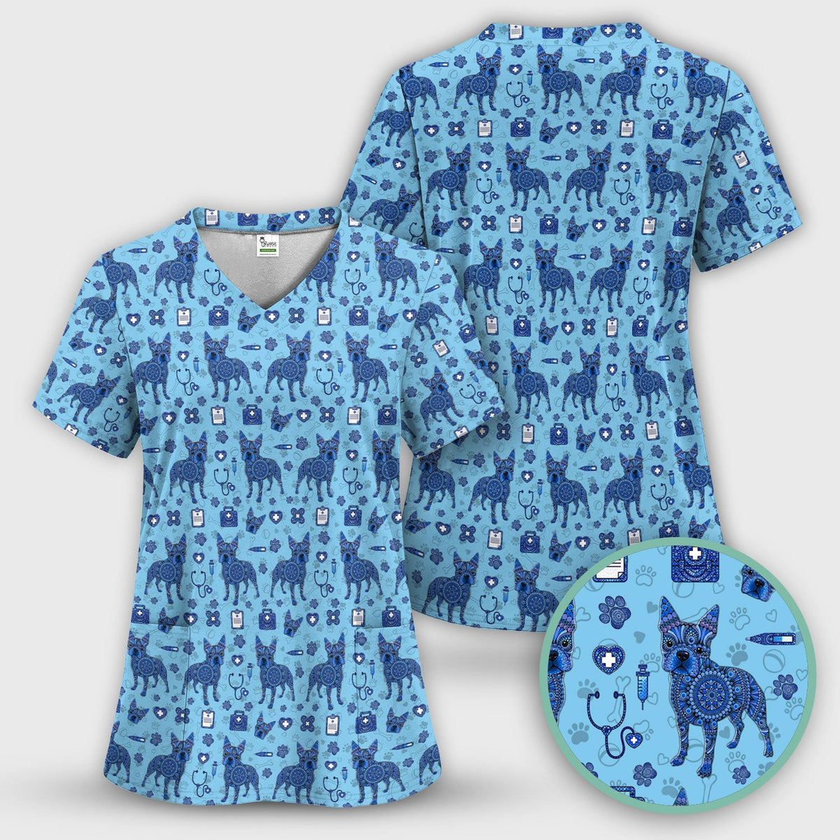 Blue Heeler Australian Cattle Dog Scrub Top, Australia Dot Art Pattern Shirt, Breathable Fabrics Nursing Uniform