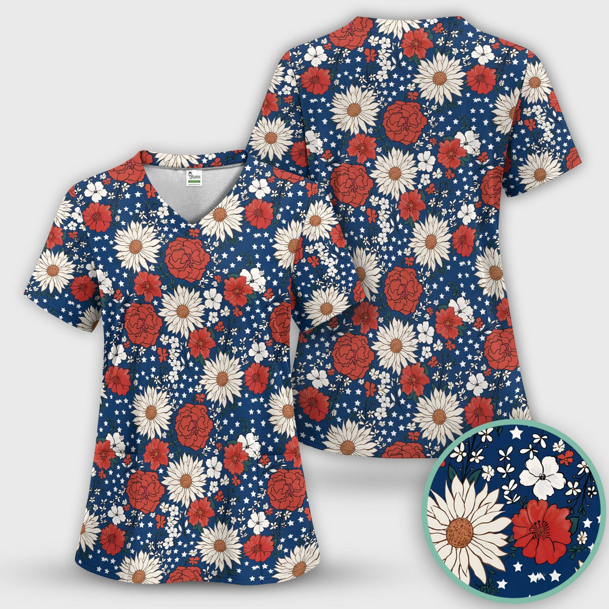 Red White Blue Floral Nurse Scrub Set